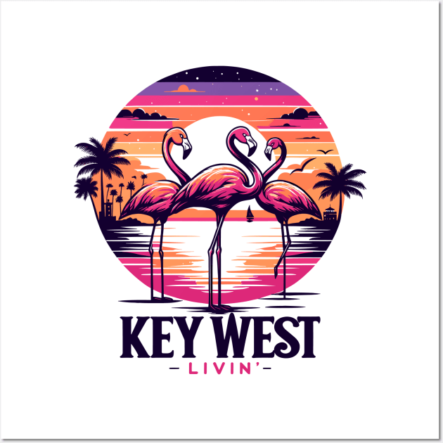 Key West Livin' - Tropical Flamingo Night Scene In Key West Wall Art by eighttwentythreetees